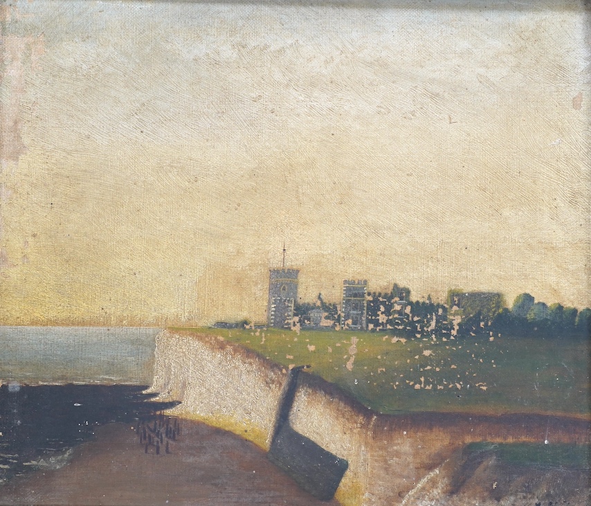 From the Studio of Fred Cuming. c.1900 Naïve, oil on canvas, Castle and cliffs, indistinctly signed lower right, 29 x 34cm. Condition - poor